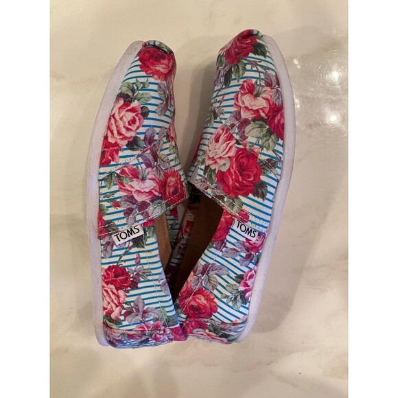 Toms Classic Floral Striped w/ Roses Casual Comfortable Size W 5 Slip On Flats - Picture 7 of 8